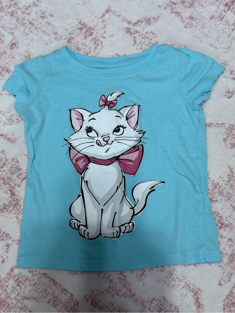 Disney Light Blue Tee with White Cat and Pink Bow